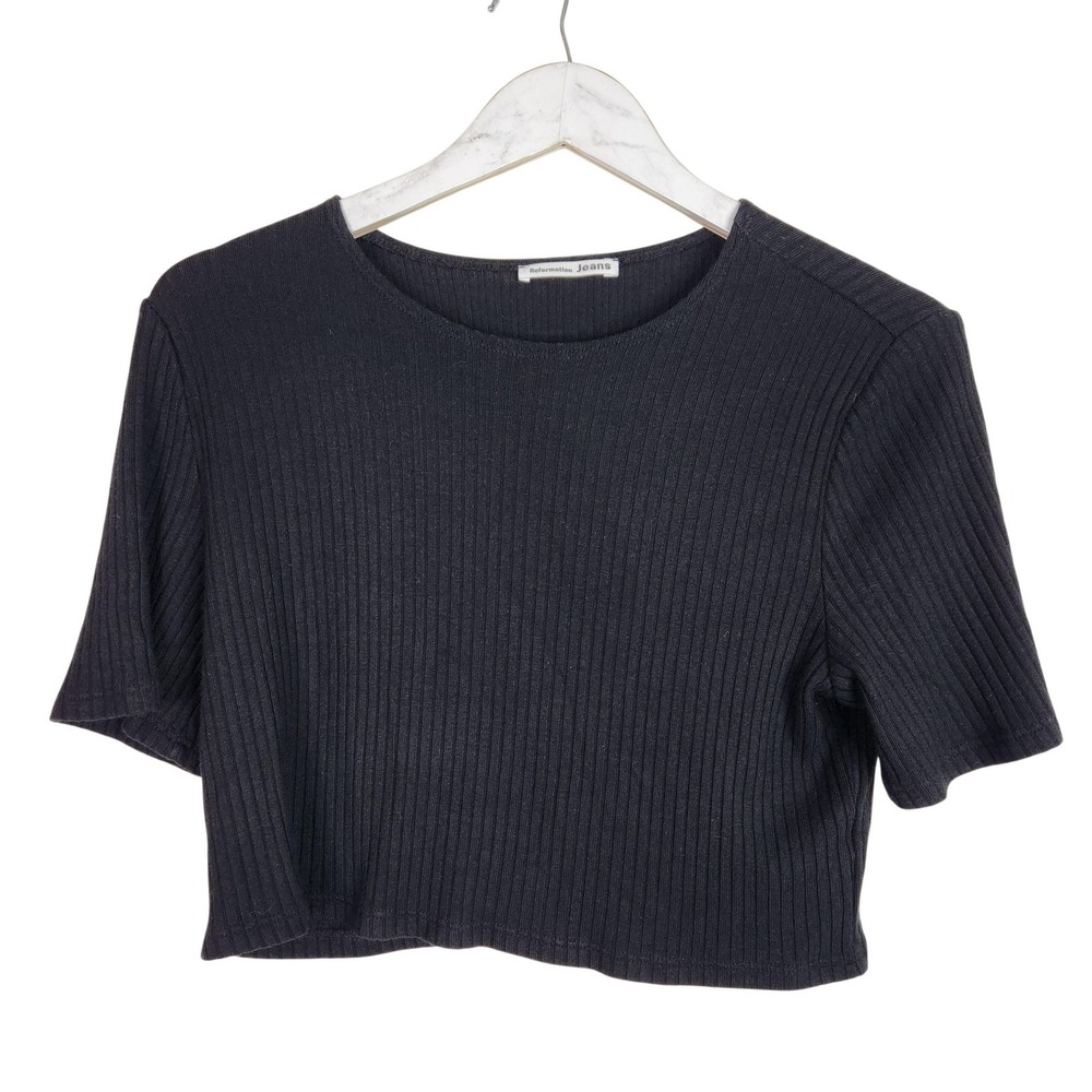REFORMATION Jeans Shirt Womens Medium Black Rib Knit Cropped Tee Top Stretch